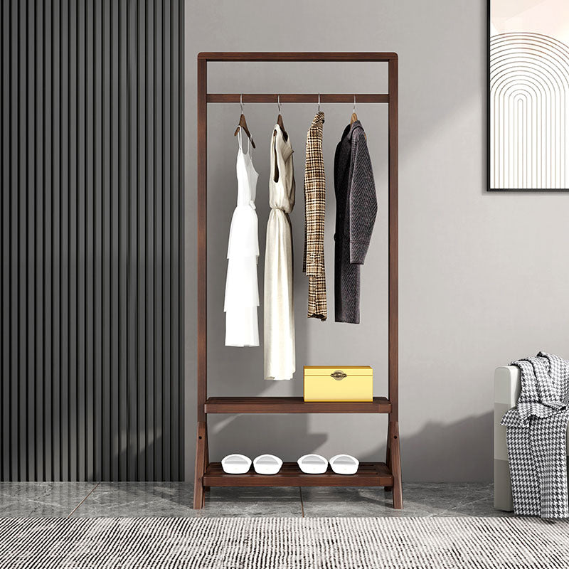 Contemporary Style Coat Hanger Solid Wood Double Shelves Coat Rack for Living Room