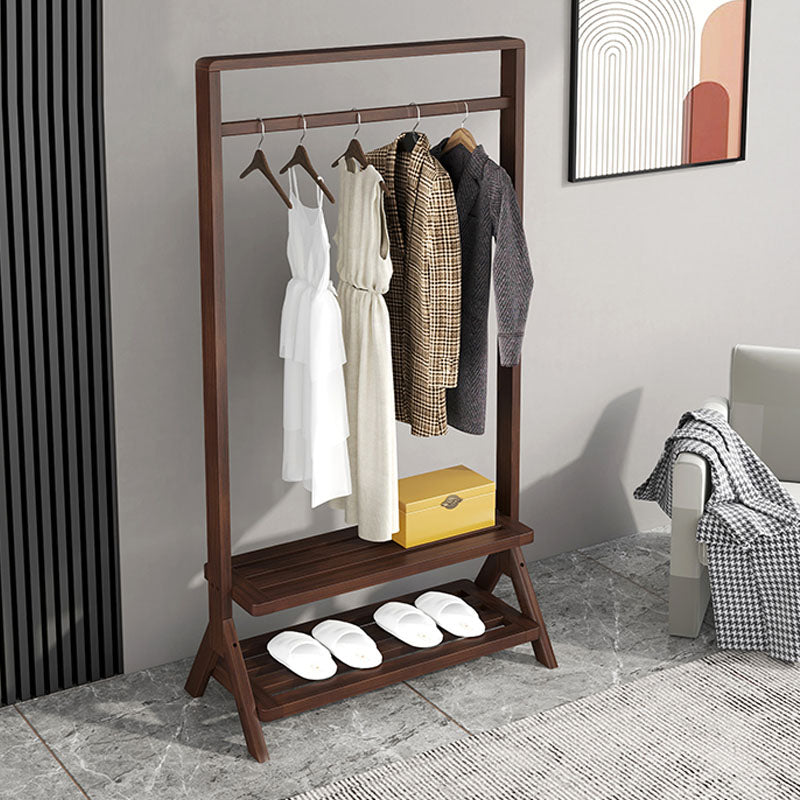 Contemporary Style Coat Hanger Solid Wood Double Shelves Coat Rack for Living Room