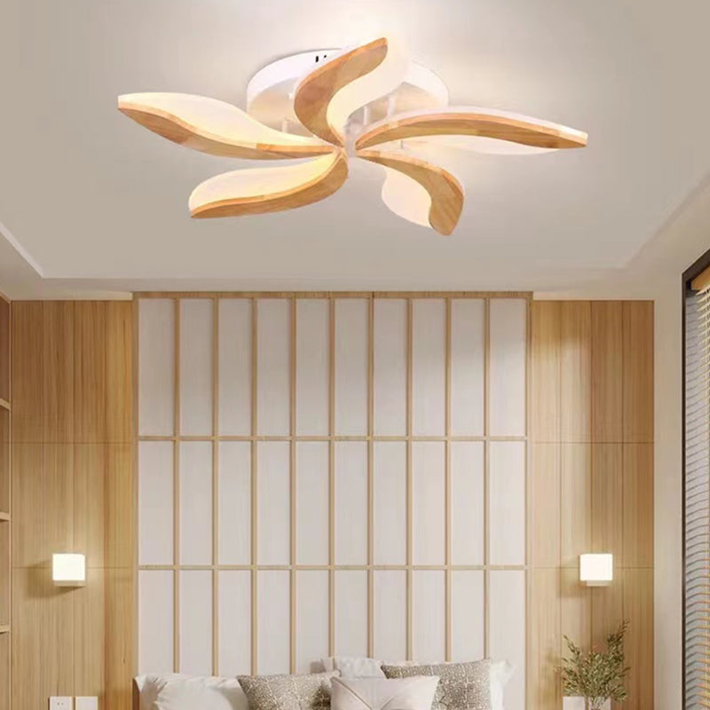 LED Modern Wood Flush Mount Flower Shape Ceiling Light with Acrylic Shade for Living Room