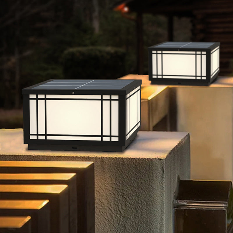 Black Solar Energy Pillar Lamp Modern Metal Square Outdoor Light for Garden