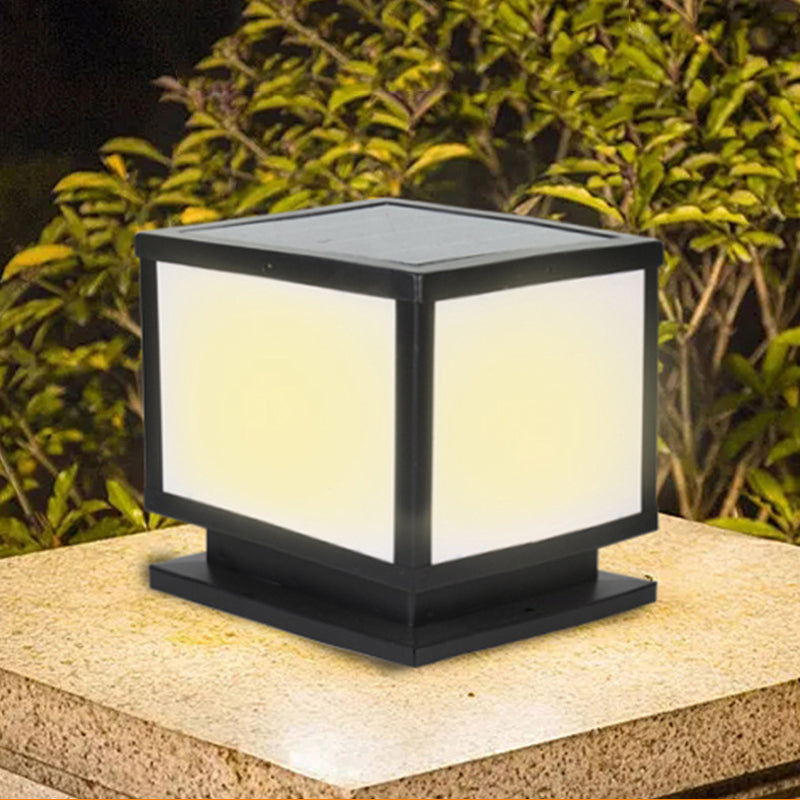 Modern Simple Metal Pillar Lamp Cube Shape Solar Energy Pillar Light for Outdoor