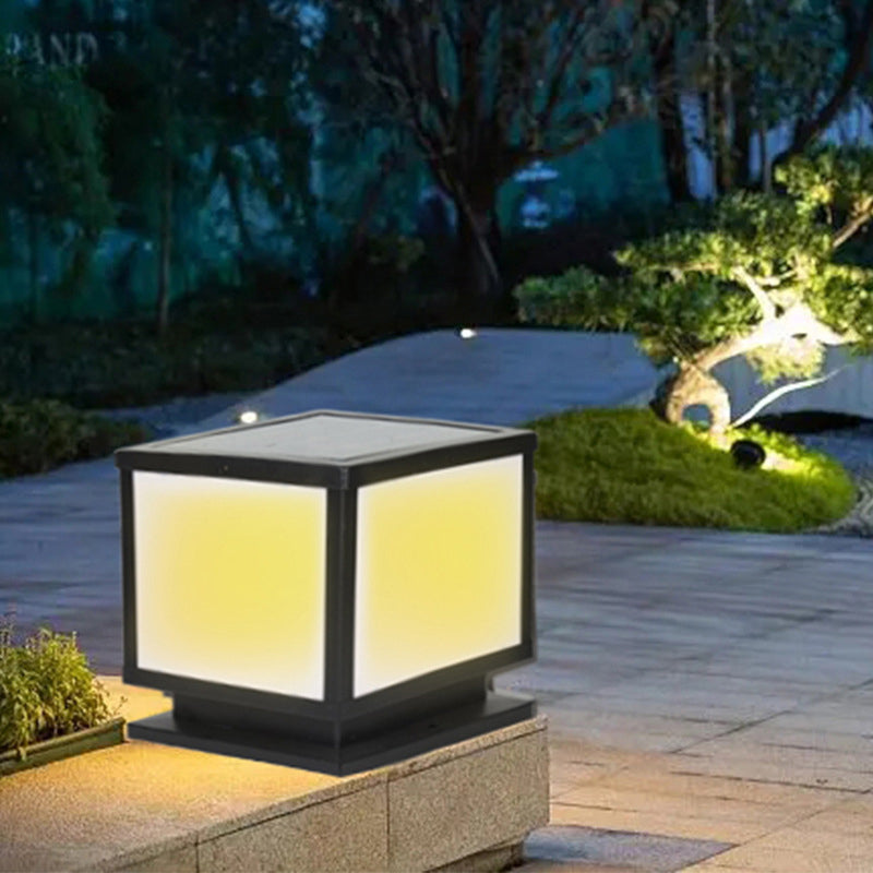 Modern Simple Metal Pillar Lamp Cube Shape Solar Energy Pillar Light for Outdoor