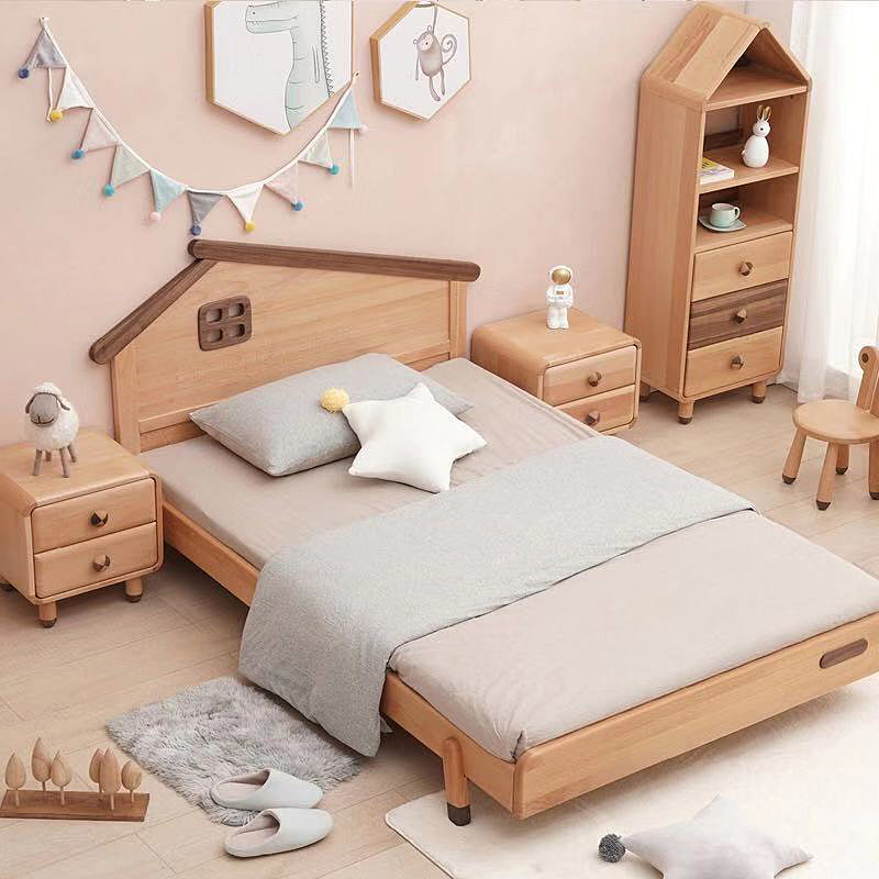 Scandinavian Bed Solid Wood Platform Bed with House Shape Headboard