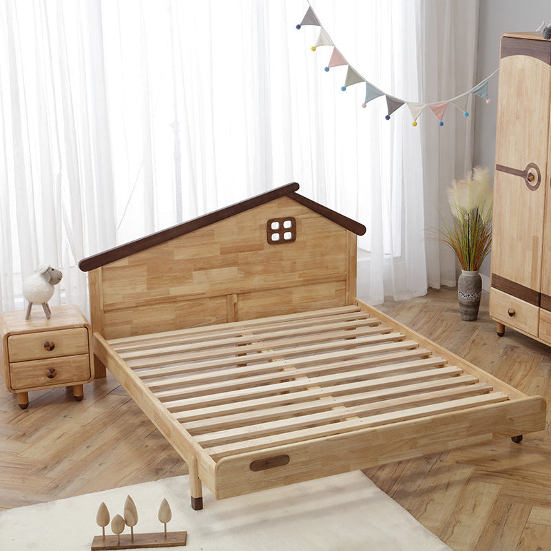 Scandinavian Bed Solid Wood Platform Bed with House Shape Headboard