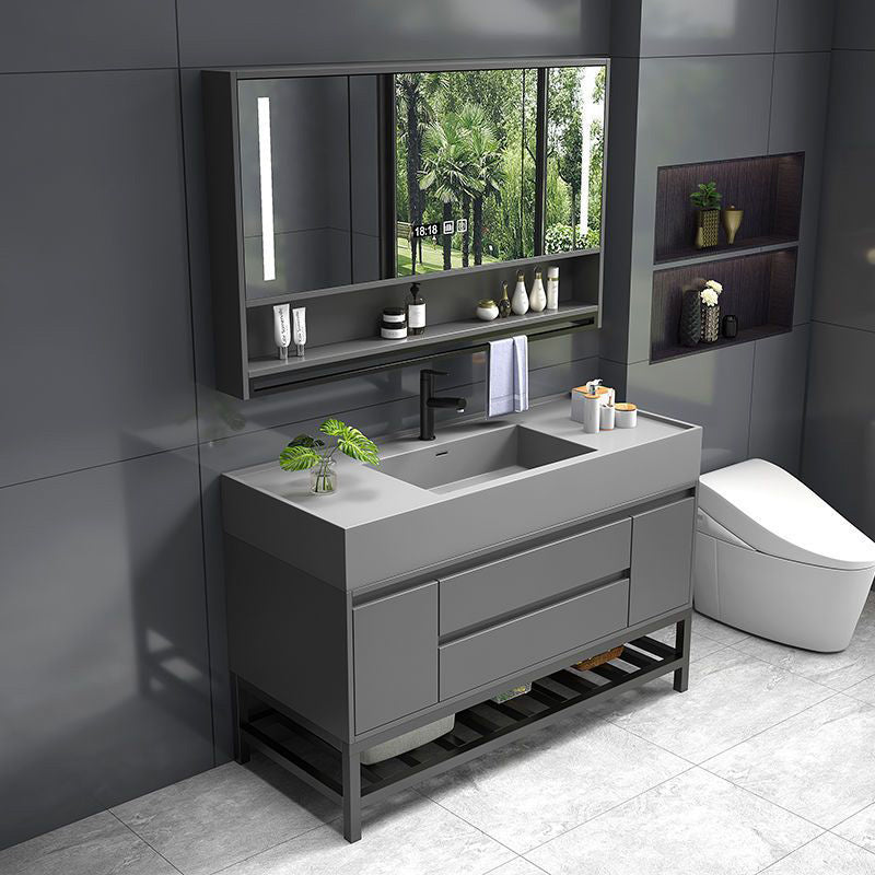 Grey Vanity Set Single Sink Shelving Included Drawers Stone Top Bath Vanity with Mirror