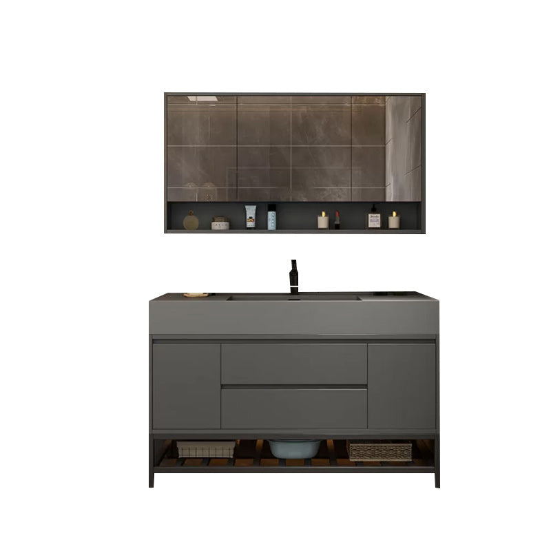 Grey Vanity Set Single Sink Shelving Included Drawers Stone Top Bath Vanity with Mirror