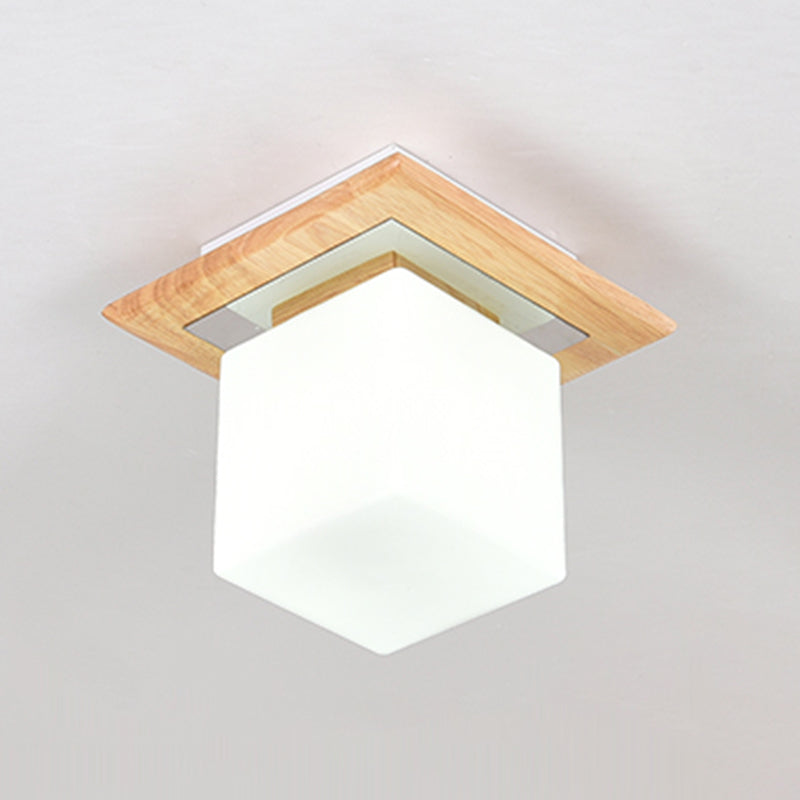 Modern Wood Flush Mount Square Shape Ceiling Light with Glass Shade for Living Room