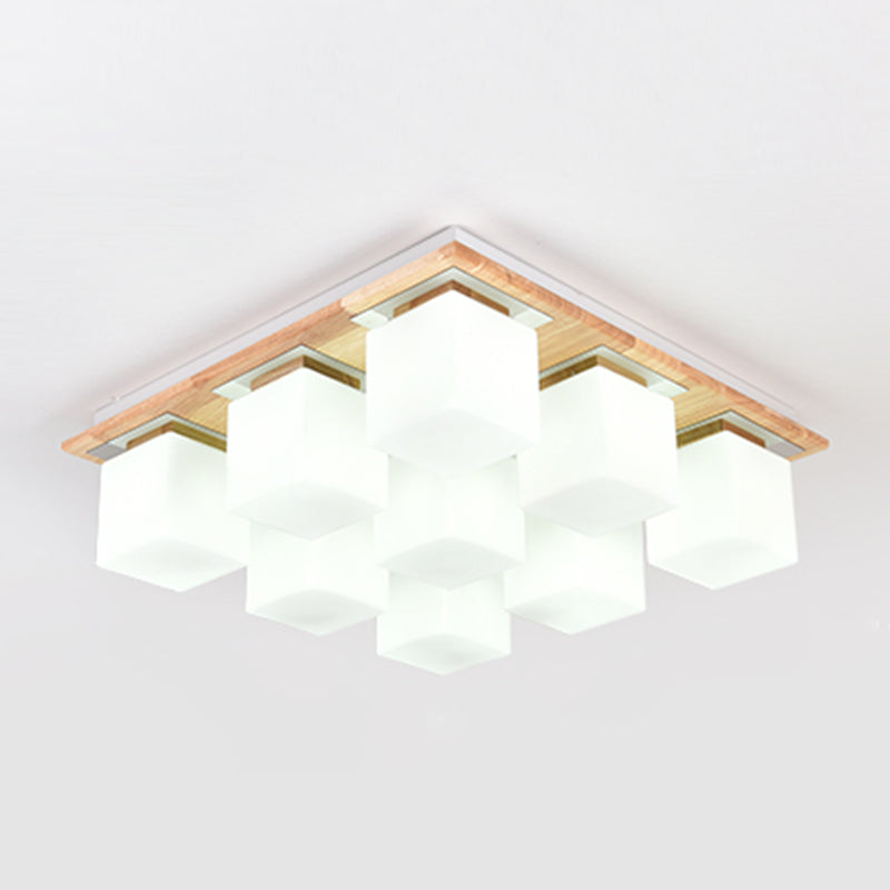 Modern Wood Flush Mount Square Shape Ceiling Light with Glass Shade for Living Room