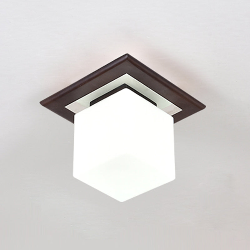 Modern Wood Flush Mount Square Shape Ceiling Light with Glass Shade for Living Room