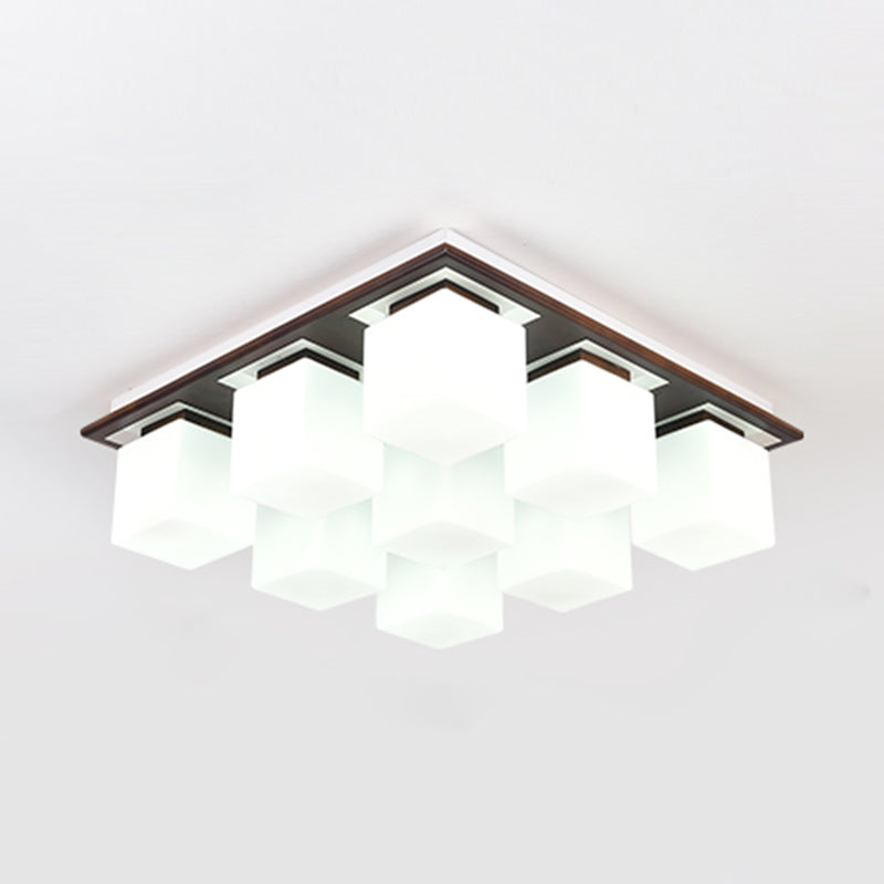 Modern Wood Flush Mount Square Shape Ceiling Light with Glass Shade for Living Room