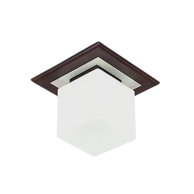 Modern Wood Flush Mount Square Shape Ceiling Light with Glass Shade for Living Room