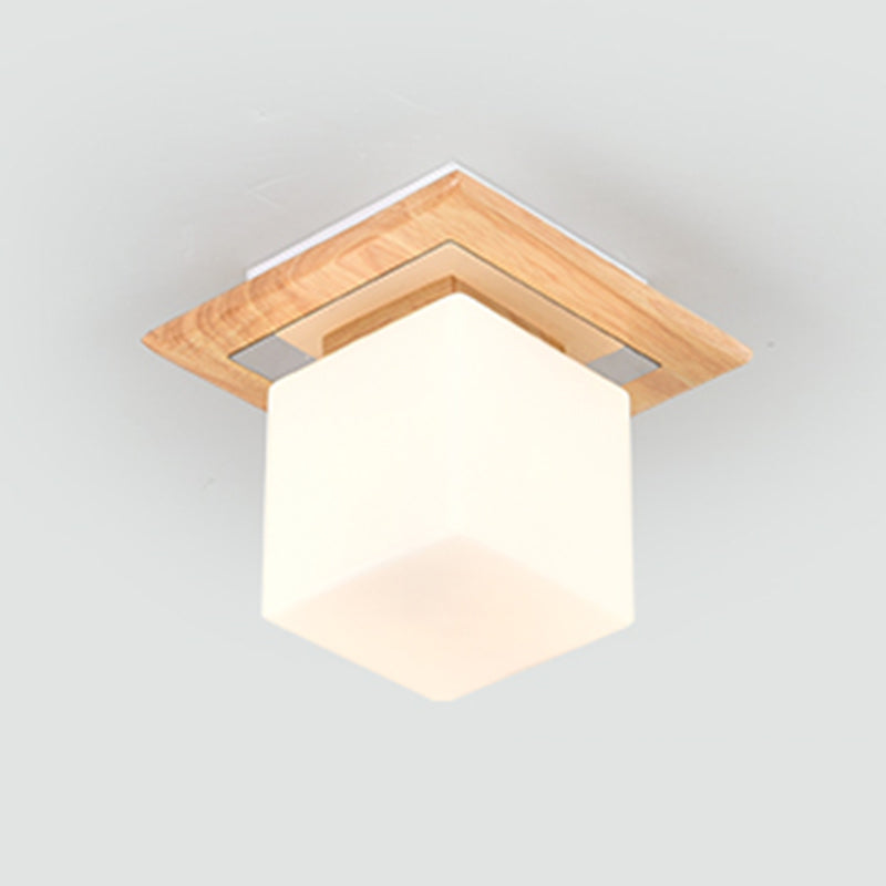 Modern Wood Flush Mount Square Shape Ceiling Light with Glass Shade for Living Room