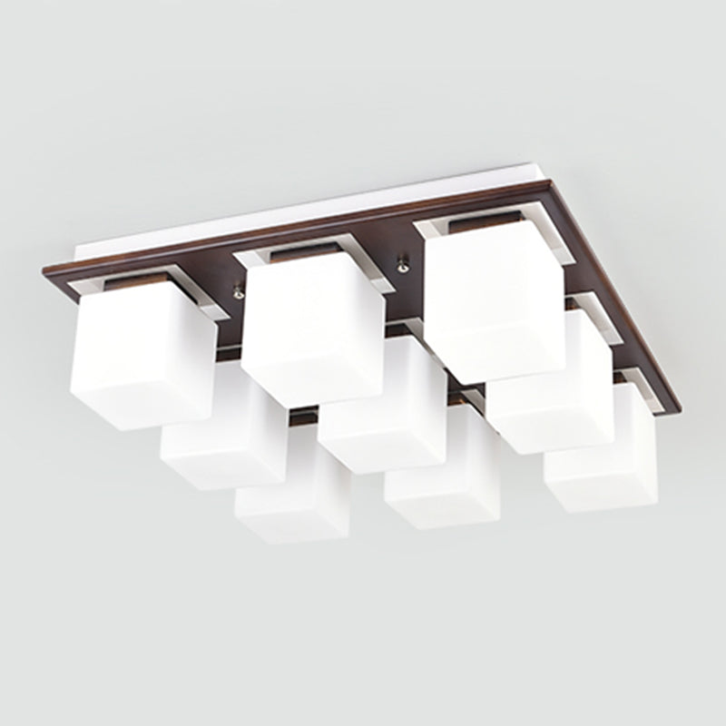 Modern Wood Flush Mount Square Shape Ceiling Light with Glass Shade for Living Room