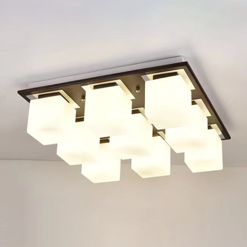 Modern Wood Flush Mount Square Shape Ceiling Light with Glass Shade for Living Room