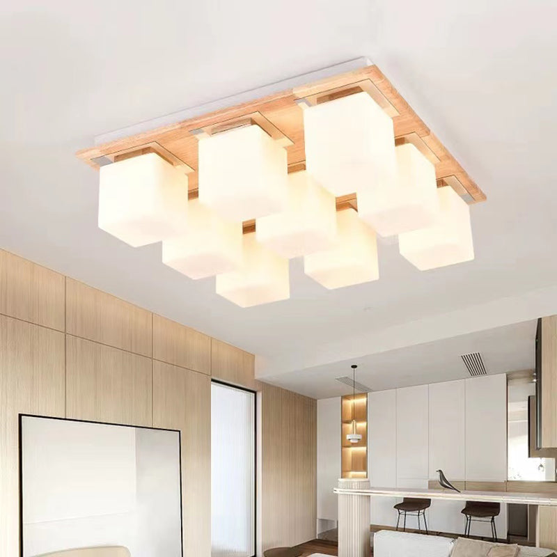 Modern Wood Flush Mount Square Shape Ceiling Light with Glass Shade for Living Room