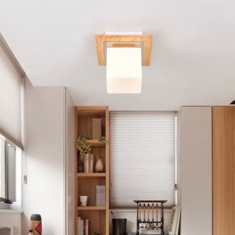 Modern Wood Flush Mount Square Shape Ceiling Light with Glass Shade for Living Room