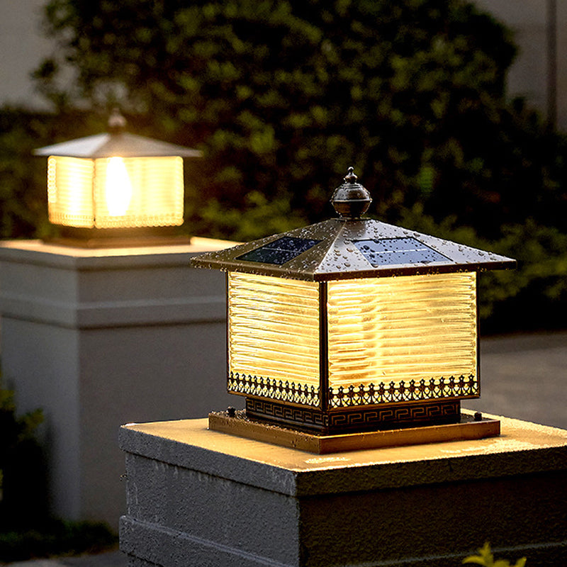 Rectangle Shape Metal Pillar Lamp Modern Style 1 Light Solar Outdoor Light in Brass