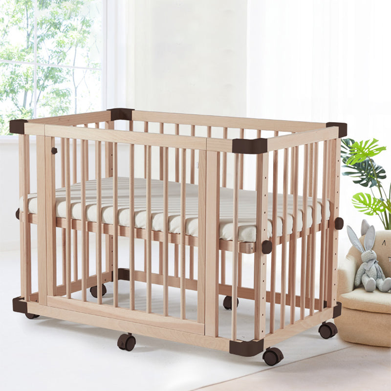 Rectangle Solid Wood Crib Farmhouse Adjustable Height Crib with Casters