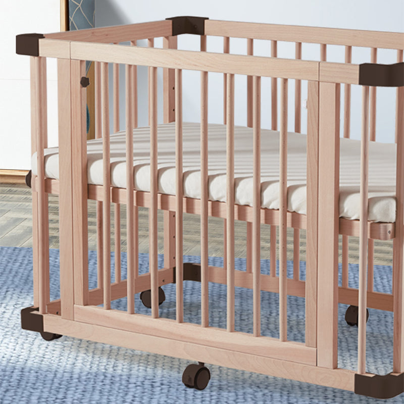 Rectangle Solid Wood Crib Farmhouse Adjustable Height Crib with Casters