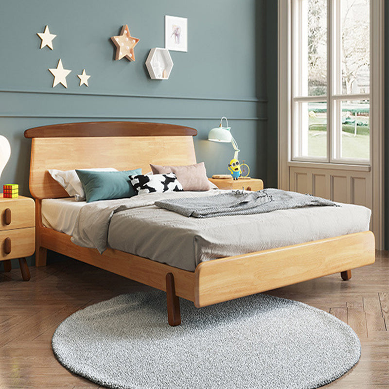 Natural Solid Wood Platform Bed Scandinavian Kids Bed with Headboard