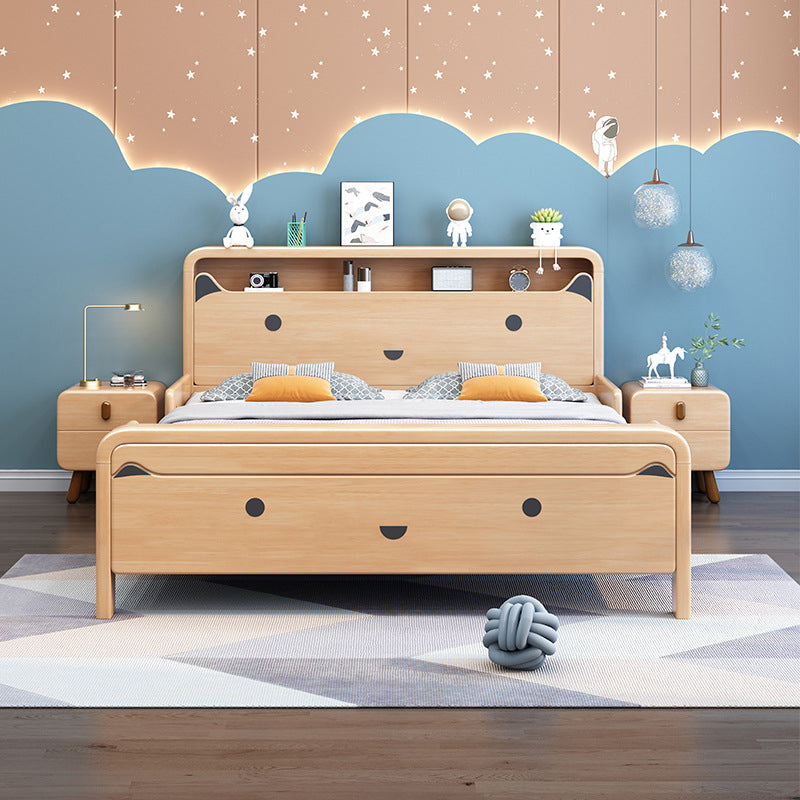 Solid Wood Platform Bed Natural Rubberwood Kids Bed with Headboard and Guardrail