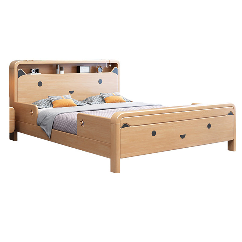 Solid Wood Platform Bed Natural Rubberwood Kids Bed with Headboard and Guardrail