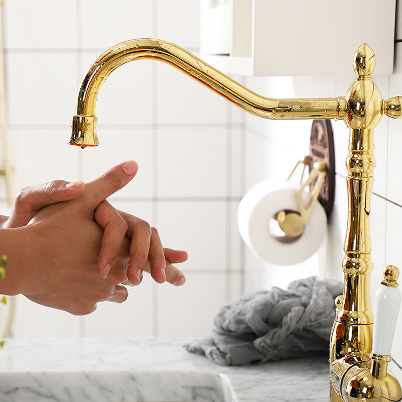 Luxury Centerset Lavatory Faucet Lever Handles Gooseneck Arc Solid Brass Faucet