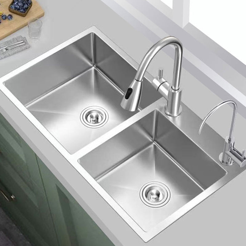 Contemporary Style Kitchen Sink Stainless Steel 2 Holes Drop-In Kitchen Double Sink