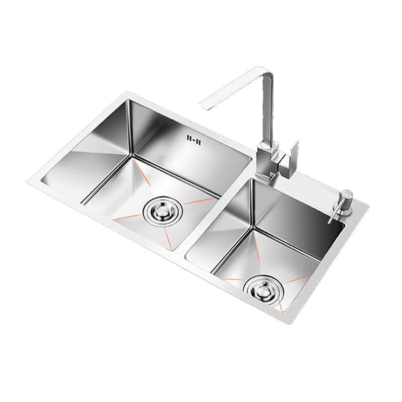 Contemporary Style Kitchen Sink Stainless Steel 2 Holes Drop-In Kitchen Double Sink