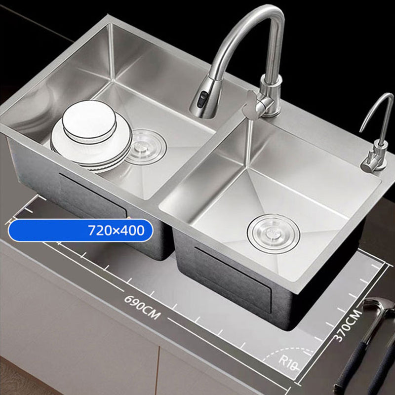 Contemporary Style Kitchen Sink Stainless Steel 2 Holes Drop-In Kitchen Double Sink