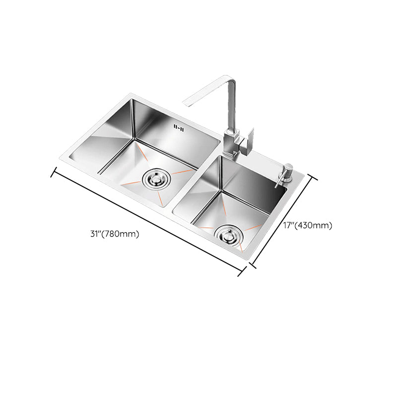 Contemporary Style Kitchen Sink Stainless Steel 2 Holes Drop-In Kitchen Double Sink