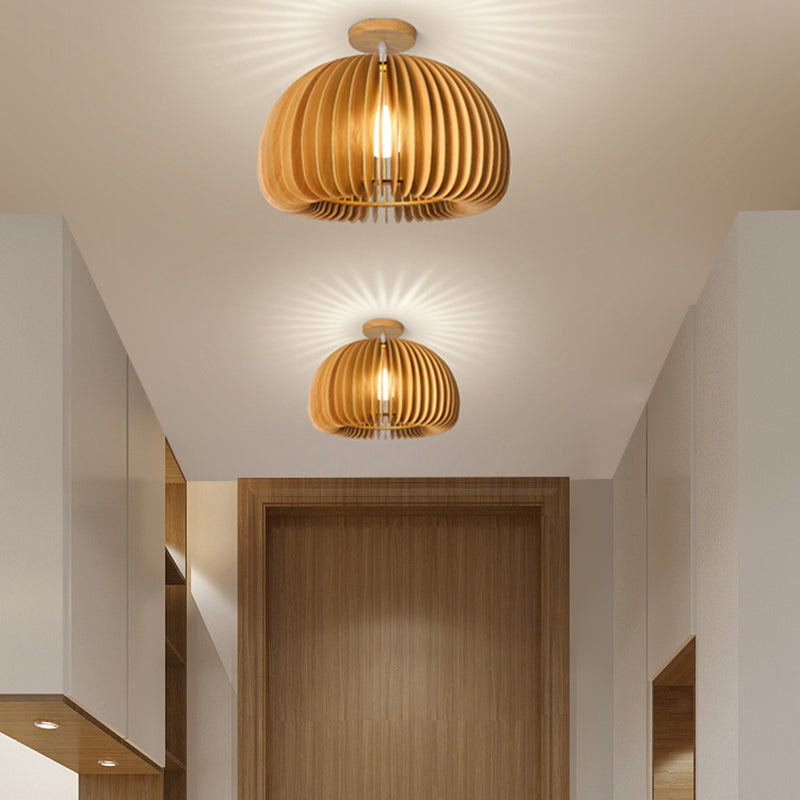 Modern Flush Mount Pumpkin Shape Ceiling Light with Wood Shade for Living Room