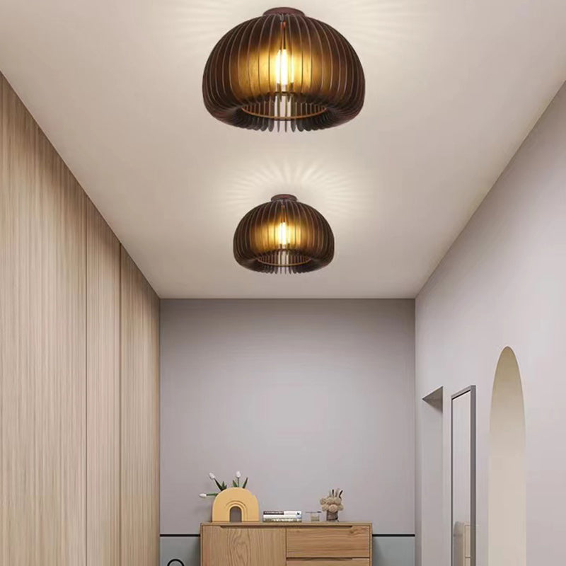 Modern Flush Mount Pumpkin Shape Ceiling Light with Wood Shade for Living Room