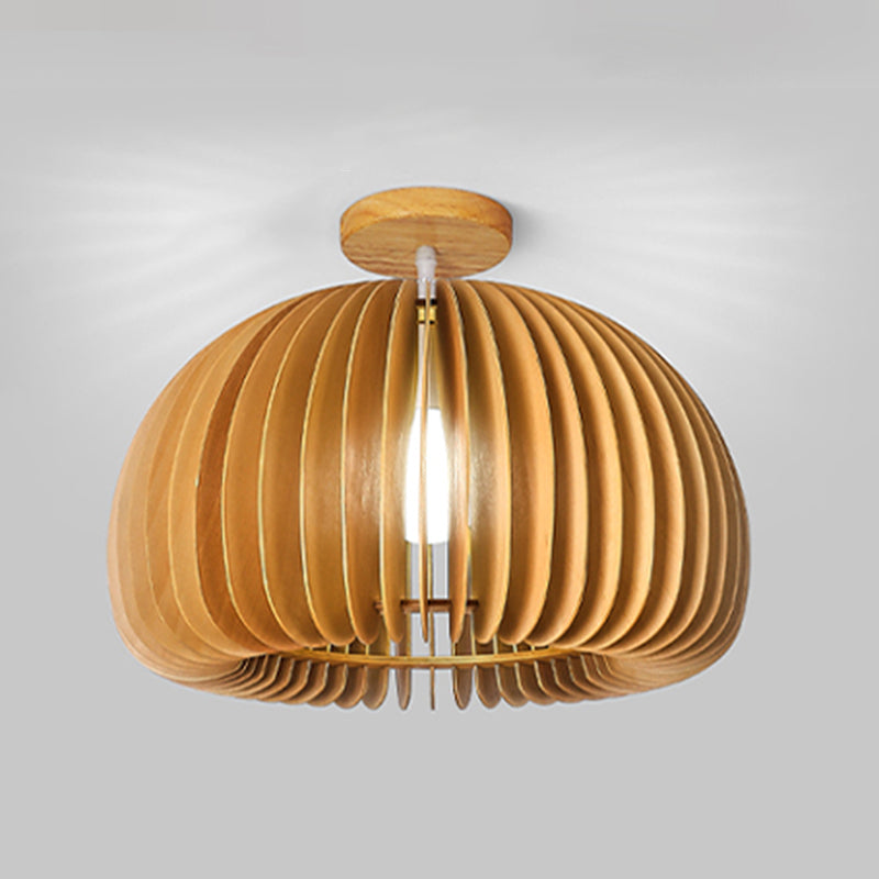 Modern Flush Mount Pumpkin Shape Ceiling Light with Wood Shade for Living Room