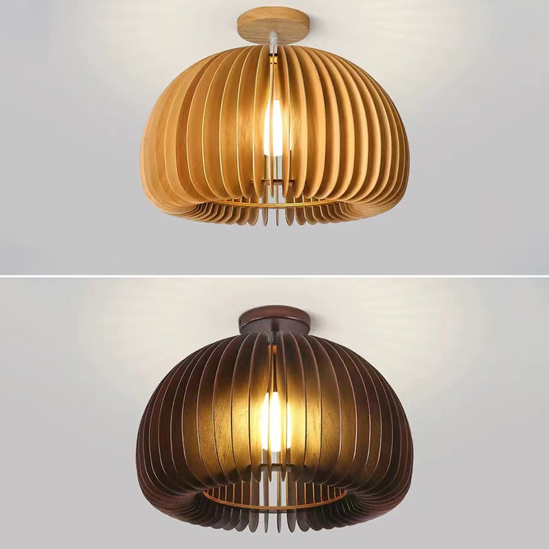 Modern Flush Mount Pumpkin Shape Ceiling Light with Wood Shade for Living Room