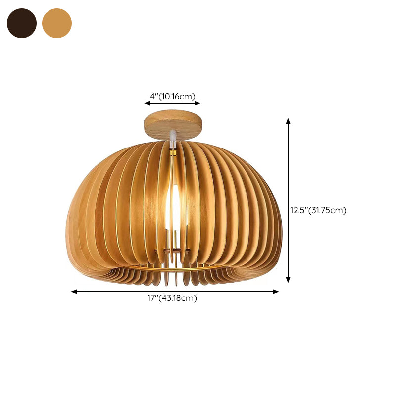 Modern Flush Mount Pumpkin Shape Ceiling Light with Wood Shade for Living Room