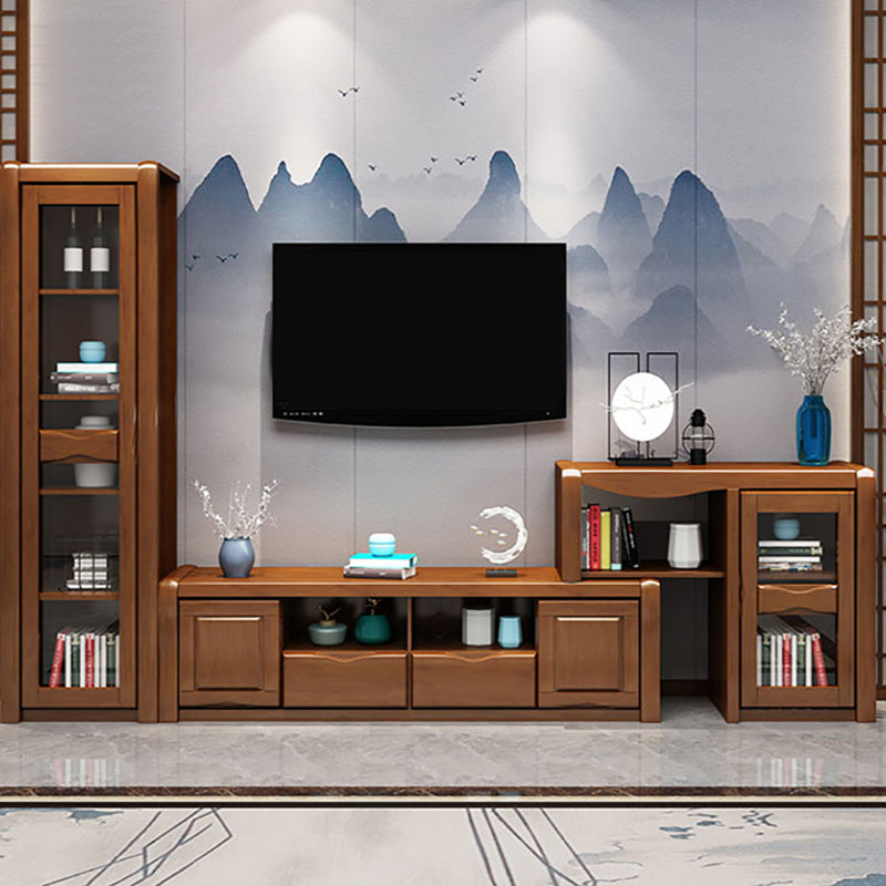 Traditional Rubberwood TV Media Stand Open Shelving TV Stand Console with Drawers