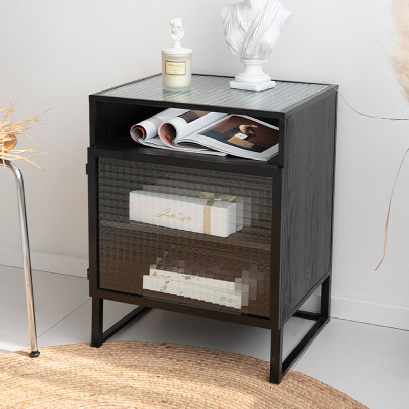 1 Door Contemporary Nightstand Iron Glass Top Bedside Cabinet With Legs .22.8" Tall