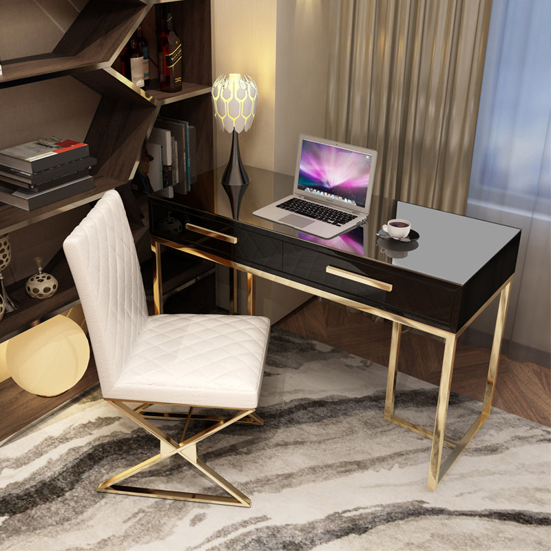 Black and White Writing Desk Stainless Steel and Artificial Wood Office Desk with Drawers