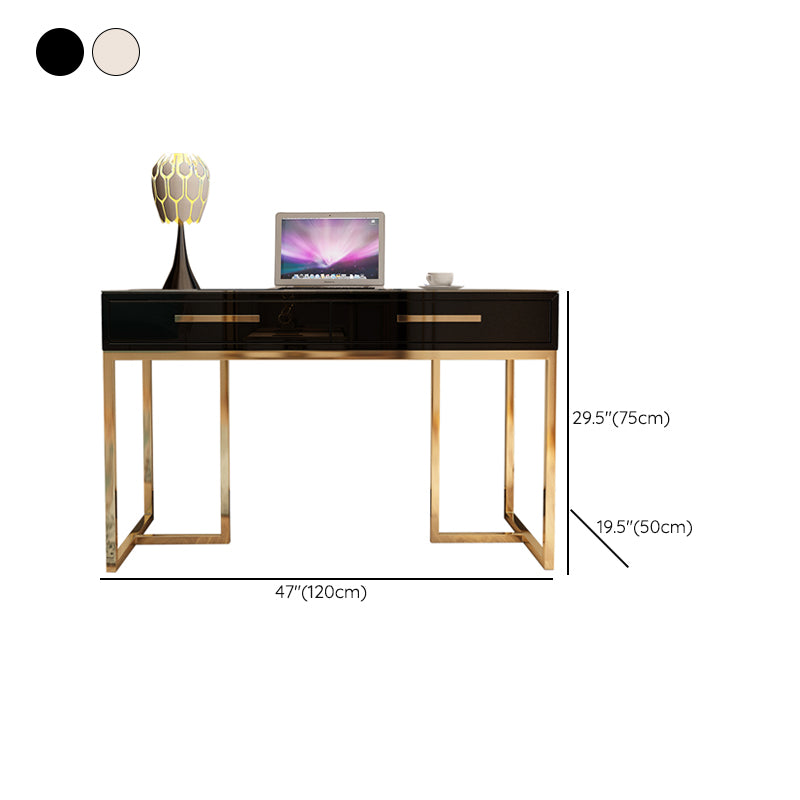 Black and White Writing Desk Stainless Steel and Artificial Wood Office Desk with Drawers