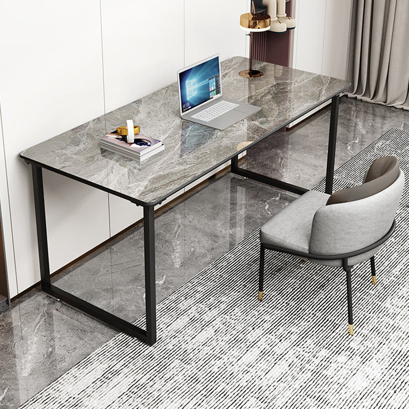 Industrial Office Desk Grey Marble Sled Writing Desk with Metal Legs