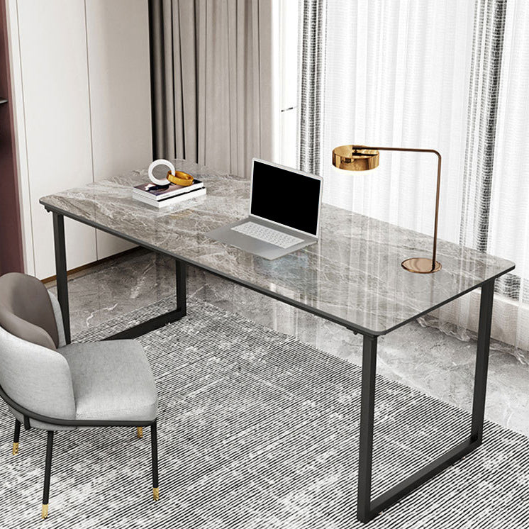 Industrial Office Desk Grey Marble Sled Writing Desk with Metal Legs