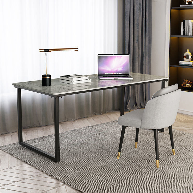 Industrial Office Desk Grey Marble Sled Writing Desk with Metal Legs