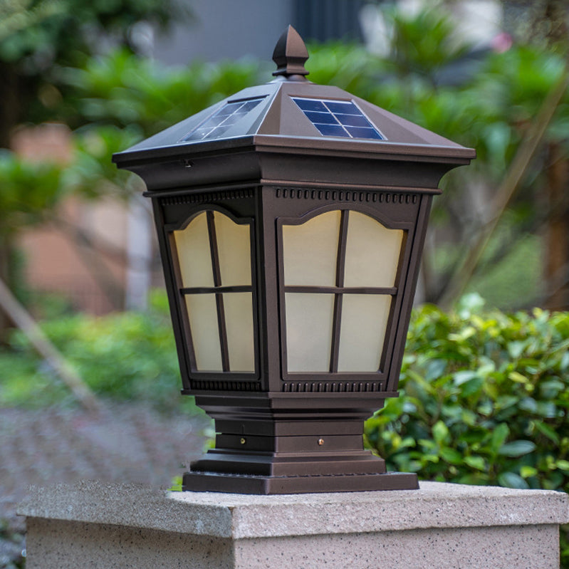 Square Shape Metal Pillar Lamp Modern Style 1 Light Solar Outdoor Light