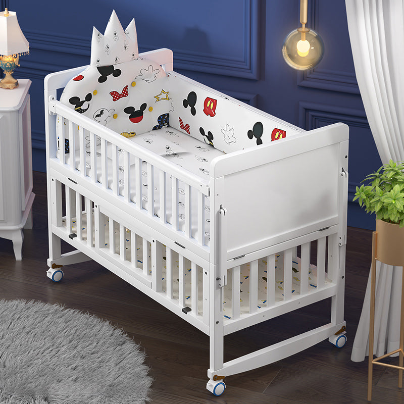 Rectangle White Solid Wood Crib 5-In-1 Convertible Crib with Casters