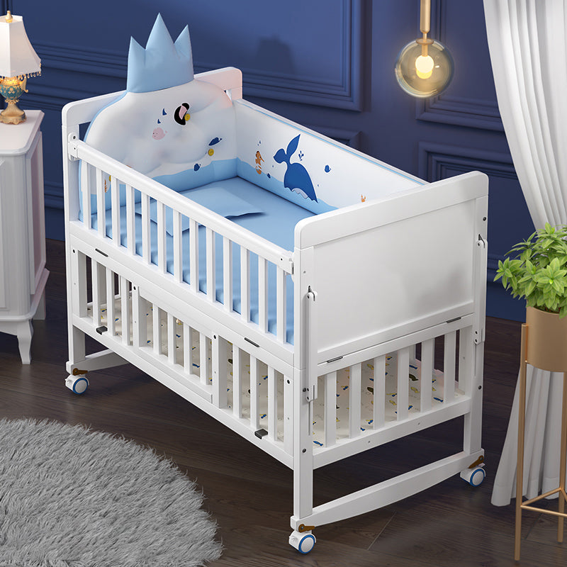 Rectangle White Solid Wood Crib 5-In-1 Convertible Crib with Casters