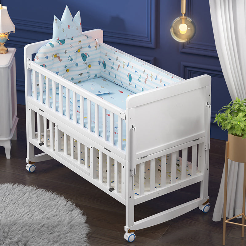 Rectangle White Solid Wood Crib 5-In-1 Convertible Crib with Casters