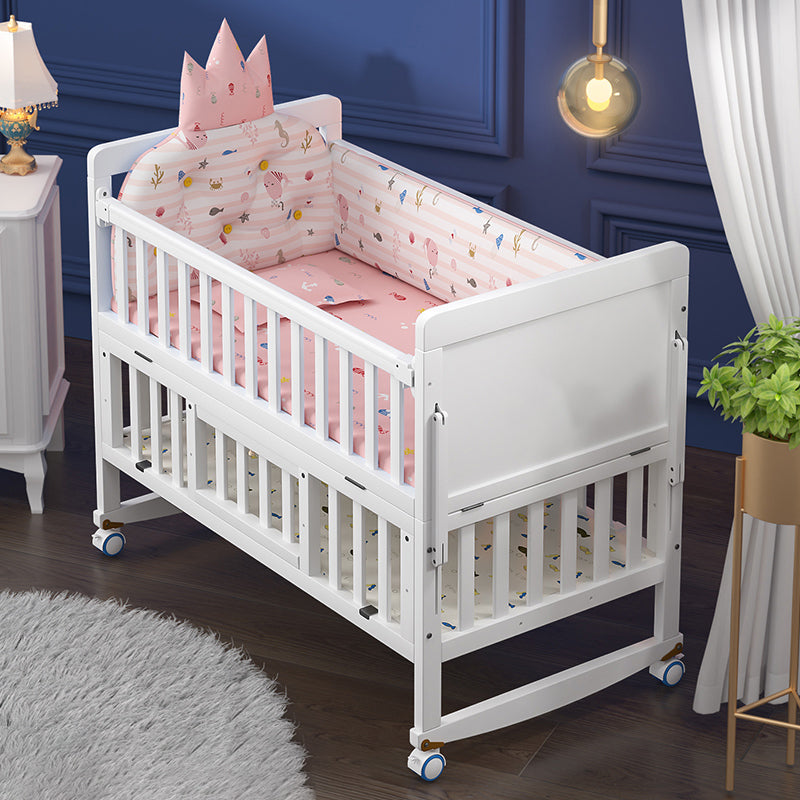 Rectangle White Solid Wood Crib 5-In-1 Convertible Crib with Casters