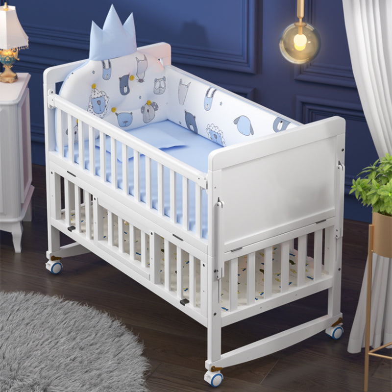 Rectangle White Solid Wood Crib 5-In-1 Convertible Crib with Casters