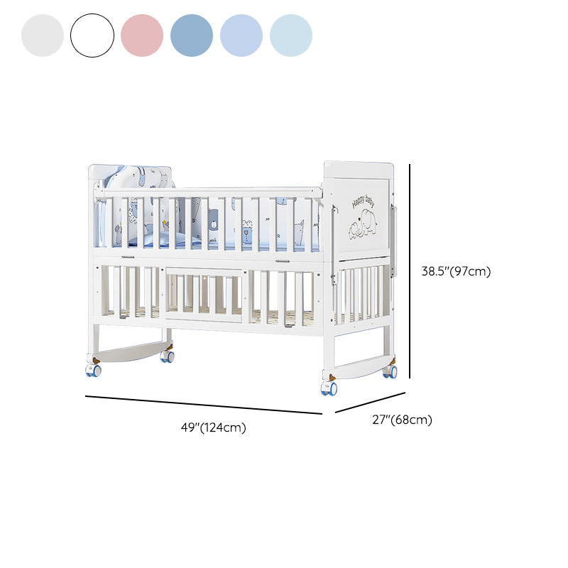 Rectangle White Solid Wood Crib 5-In-1 Convertible Crib with Casters